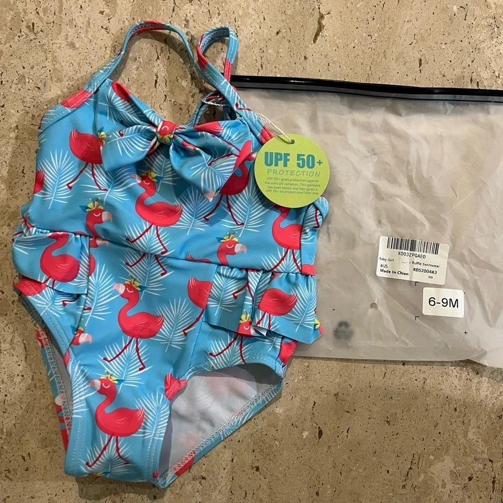 Baby Girl Pink Flamingo Ruffle SPF 50 One Piece Bathing Suit 6-9 Months